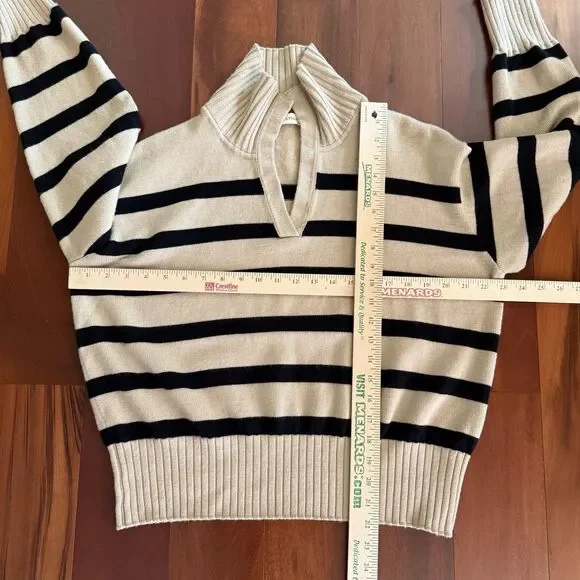 Lilysilk The Gilly Striped Tan Sweater 100% Merino Wool Pullover Preppy Luxe M - Picture 2 of 7